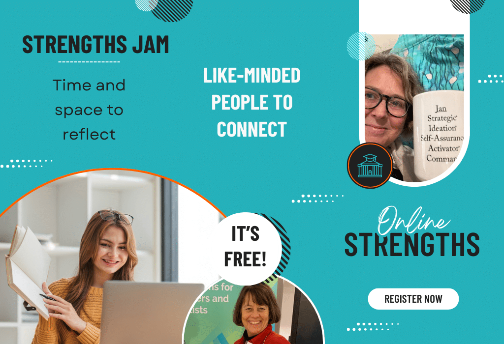 Strengths jam with images of jan, helen and a participant. The Katalytik Community call.